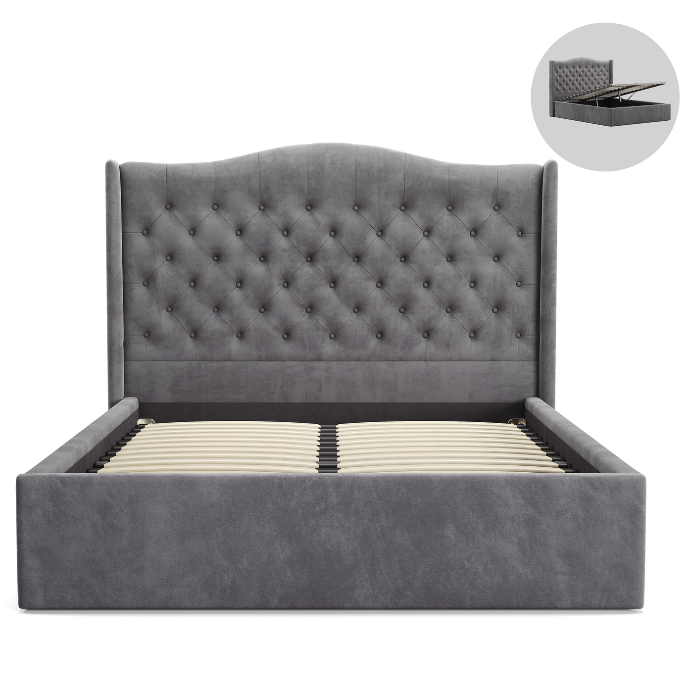 Gray upholstered bed with tufted headboard on a white background