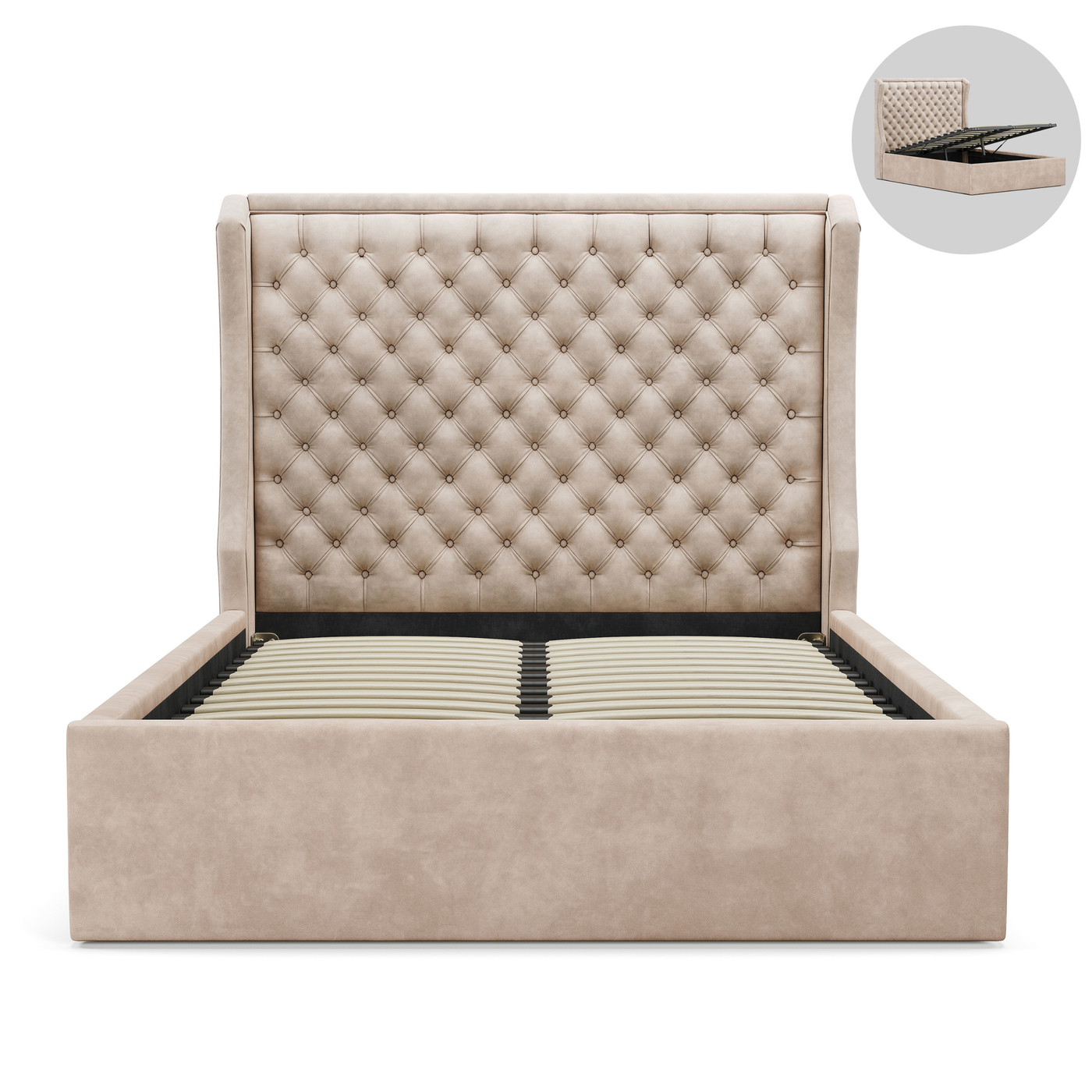 Beige upholstered bed with tufted headboard on a white background