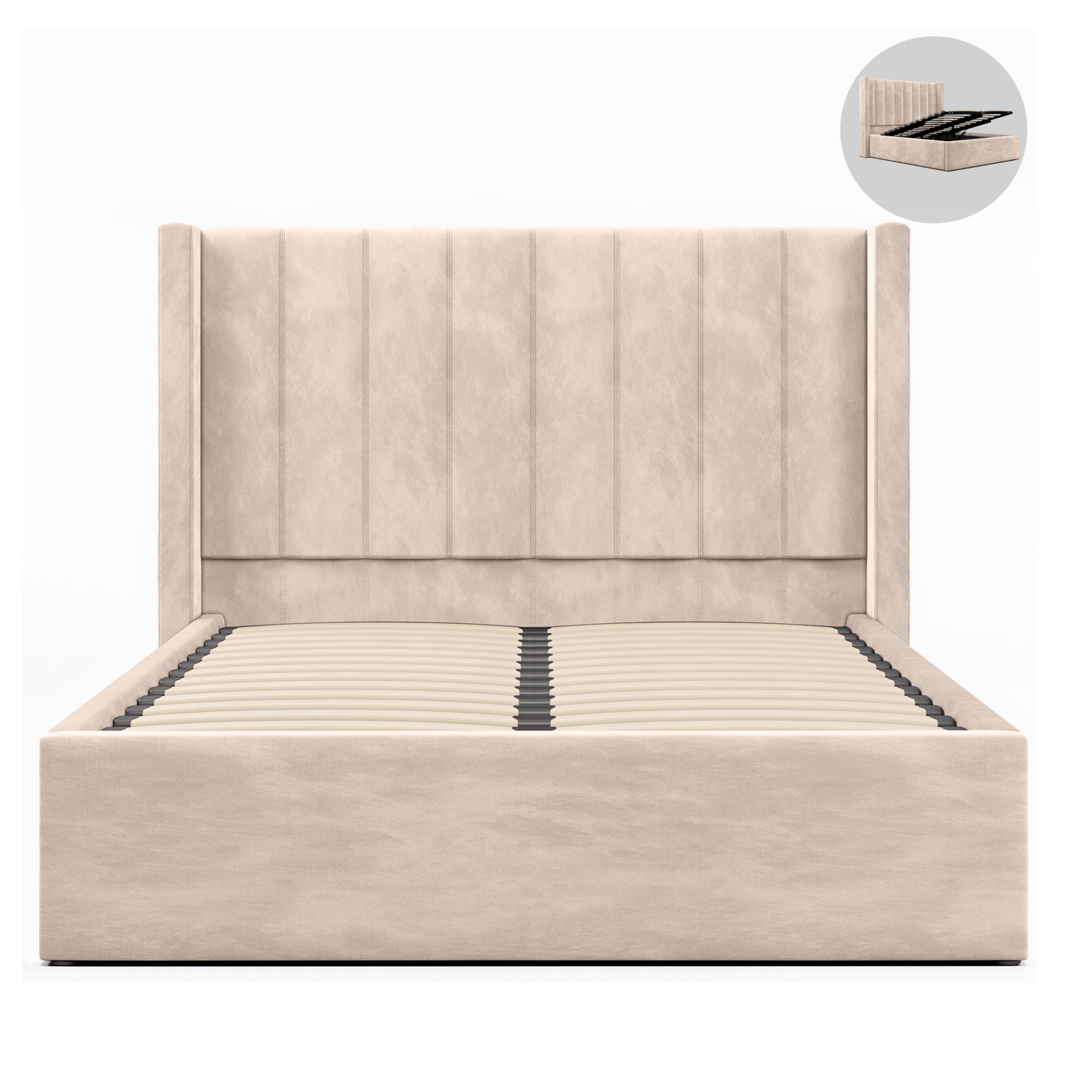 Beige upholstered bed with a matching headboard on a white background
