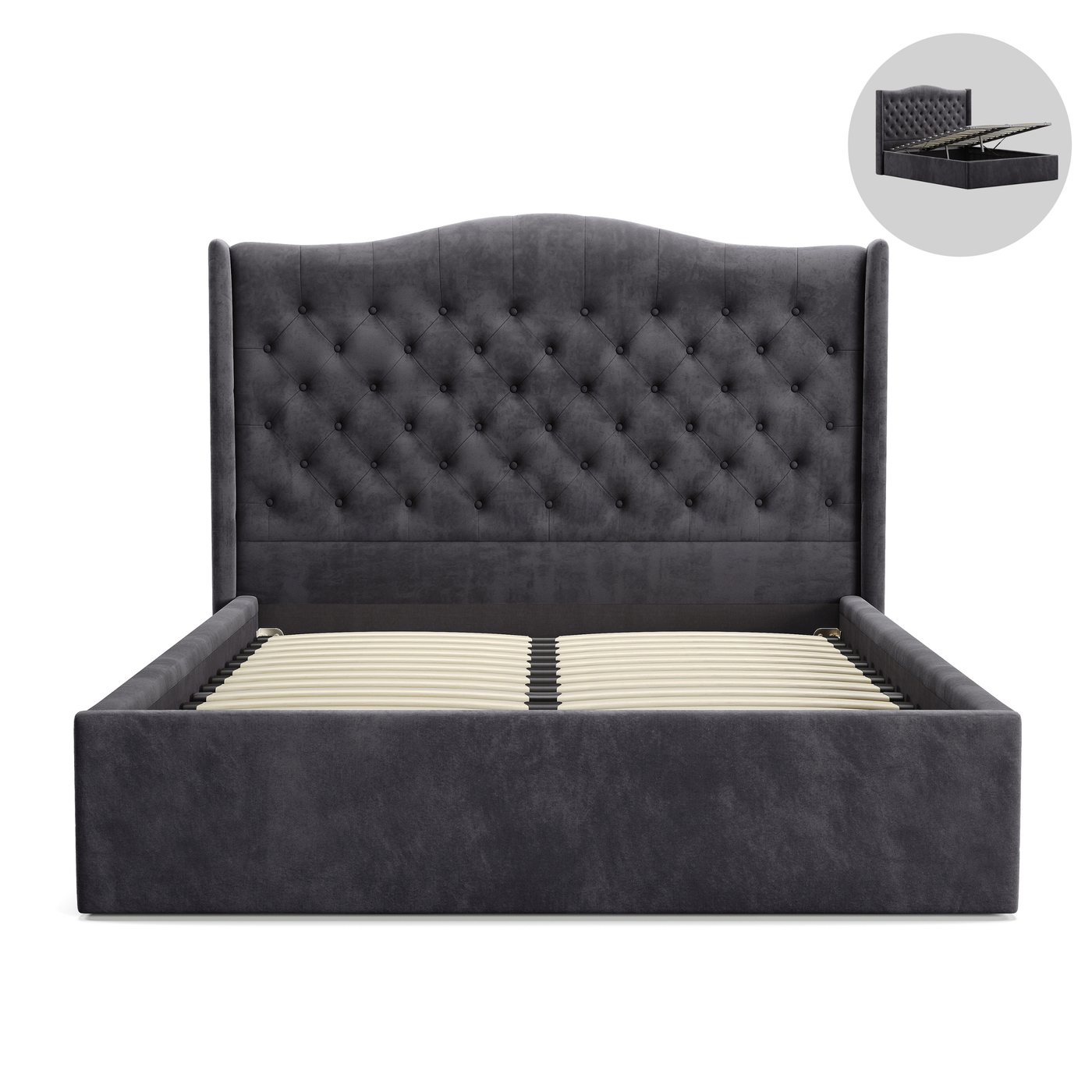 Velora Gas Lift Storage Bed Frame (Palladium Graphite Velvet)