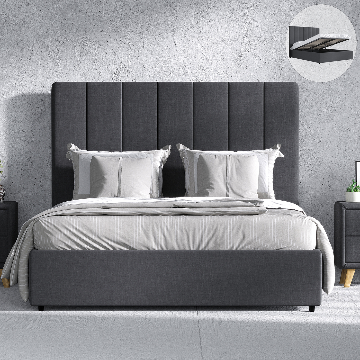 Madrid Gas Lift Storage Bed Frame (Charcoal Linen Fabric)