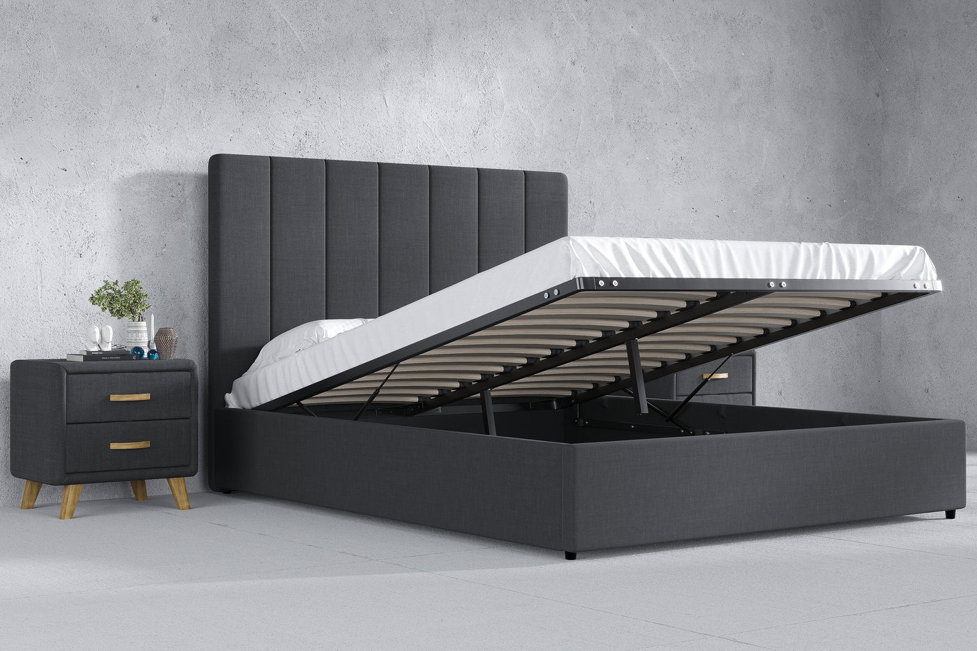 Madrid Gas Lift Storage Bed Frame (Charcoal Linen Fabric) (7432521187582)