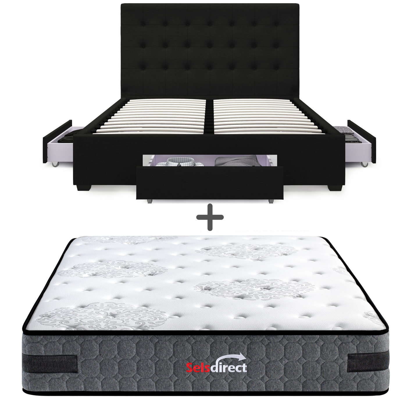 Kingston 3 Drawer Storage Bed Frame (Black Fabric) and Windsor Latex Pocket Spring Mattress Combo Deal (7811915120894)