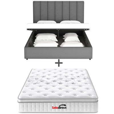 Madrid Gas Lift Storage Bed Frame (Grey Fabric) and Royal Memory Foam Plush Mattress Combo Deal (7758235500798)